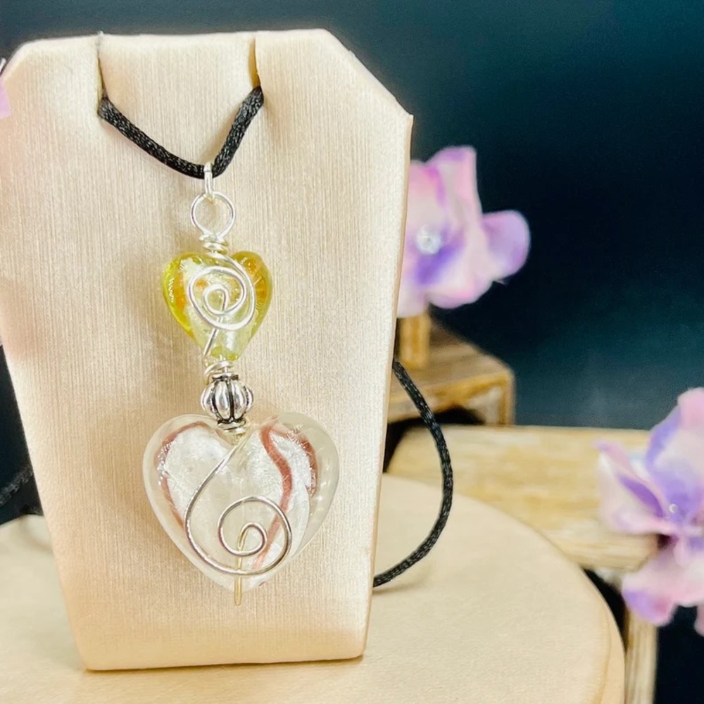Shimmer Glass Hearts Necklace on a Black Silk Cord